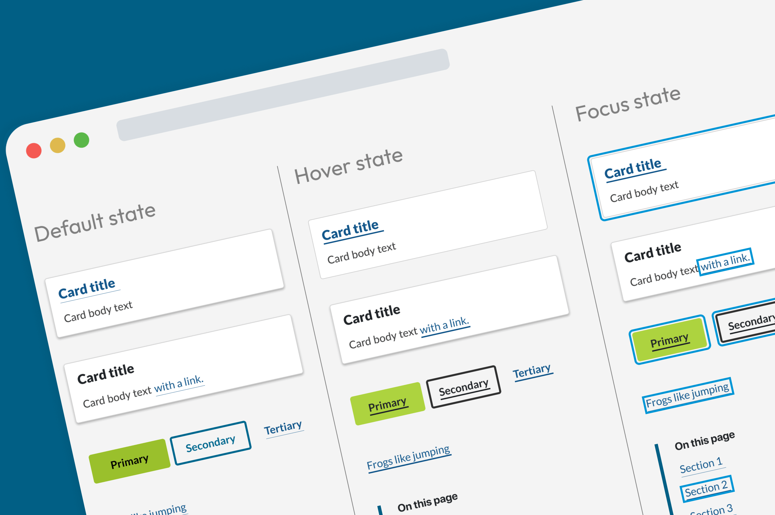 Hero image, showing navigational components across default, hover, and focus states with the accessibility updates from this project applied